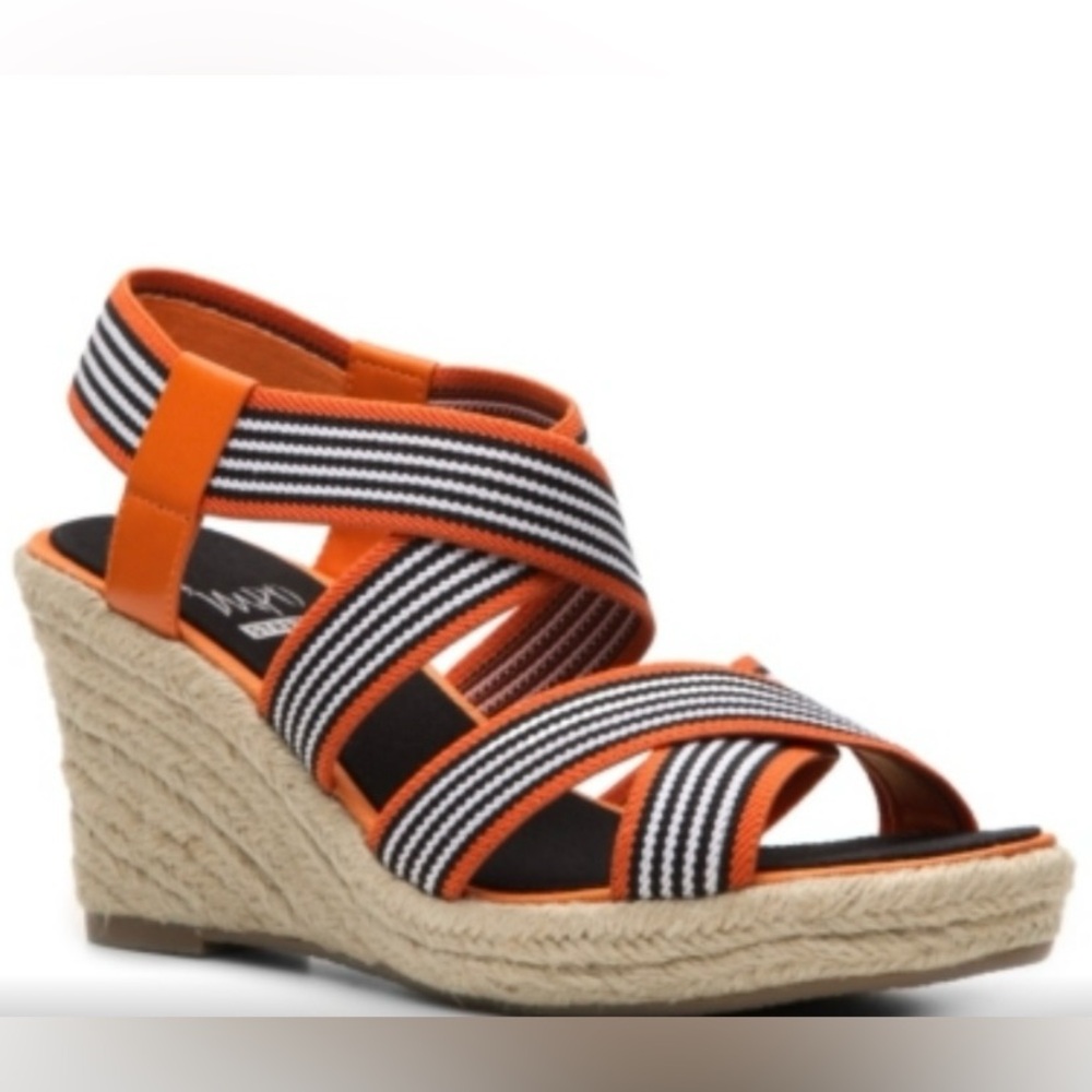 impo Stretch Nicole Wedge Striped Sandals Sunset Orange women’s size 9.5M